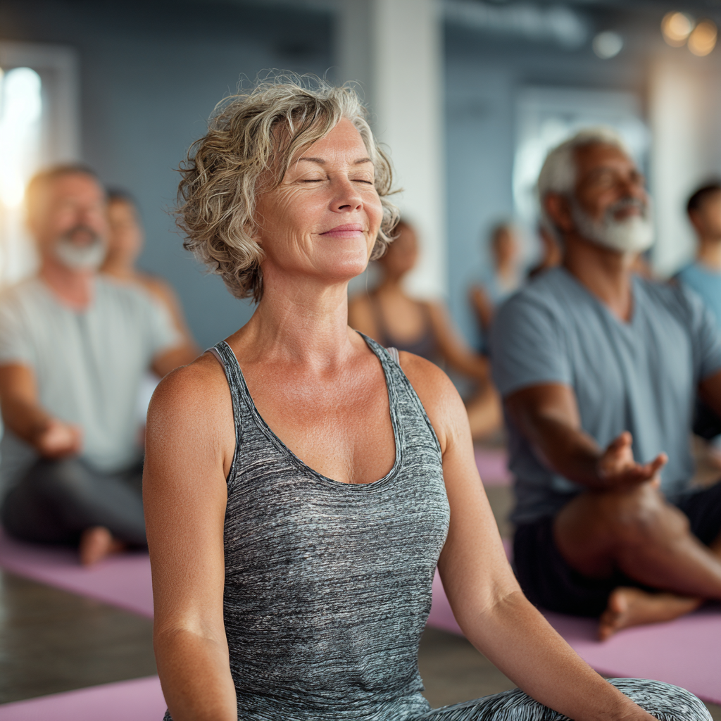 Diverse group of mature adults aged 40-55 in yoga class, showing different ethnicities and body types, practicing gentle stretching poses on yoga mats in bright, welcoming studio environment